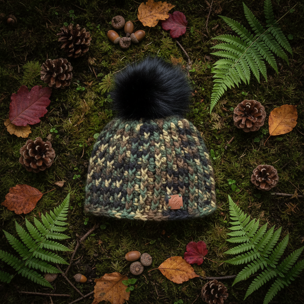 Woodland Shadow ribbed crochet beanie styled flat lay in winter woodland setting
