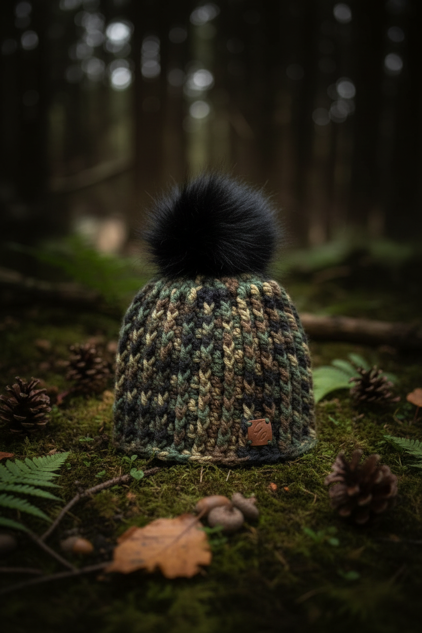 Woodland Shadow ribbed crochet beanie standalone in forest winter setting