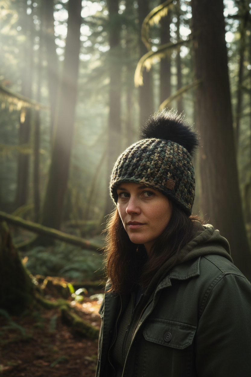 Woodland Shadow ribbed crochet beanie worn outdoors in cold forest environment
setting