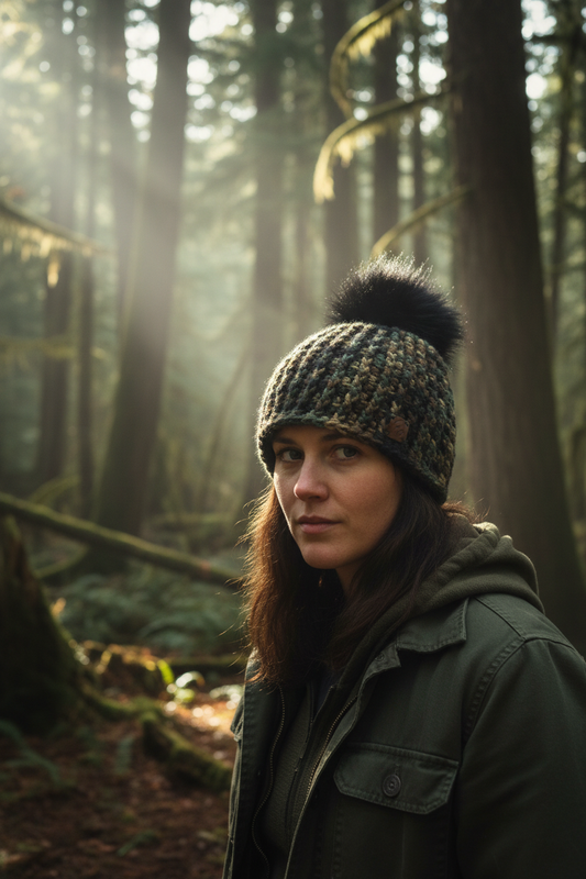 Woodland Shadow ribbed crochet beanie worn outdoors in cold forest environment
setting
