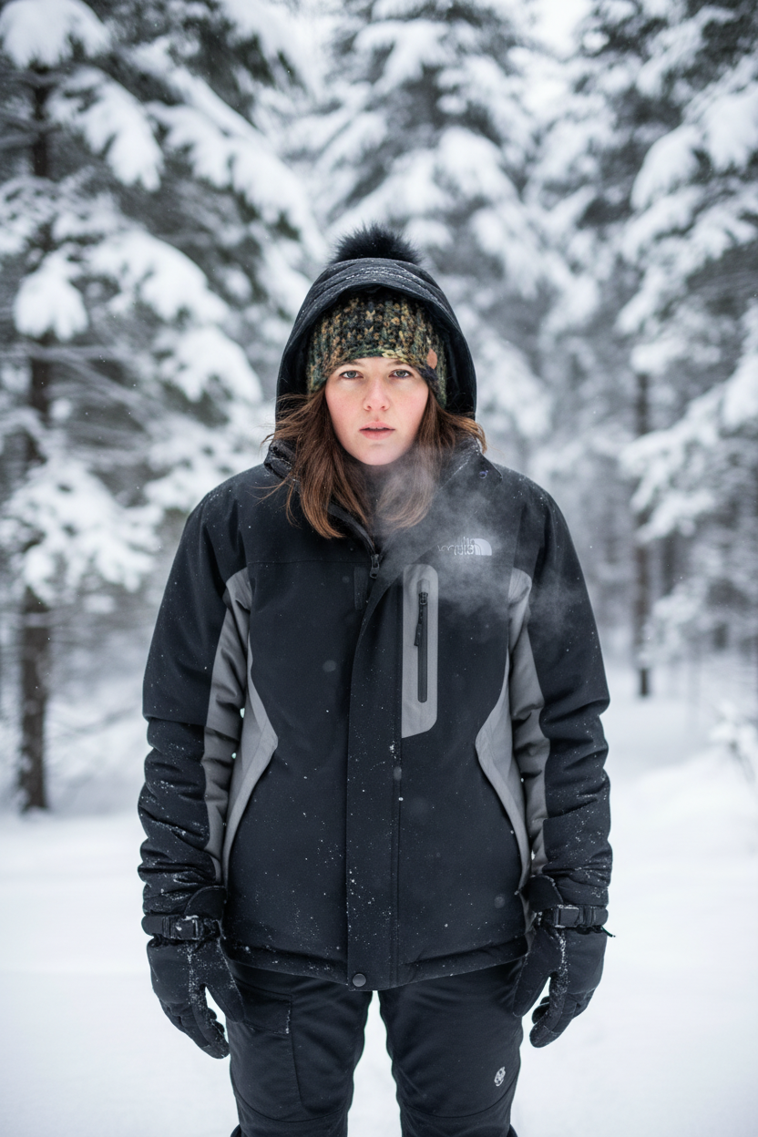 Woodland Shadow ribbed crochet beanie worn in active cold-weather conditions