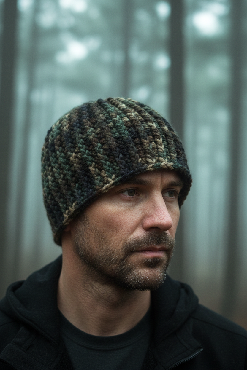 Man wearing a crochet beanie in a forest setting