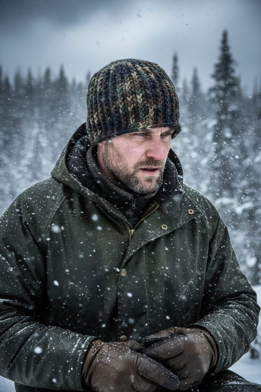 Man in winter clothing standing in a snowy forest