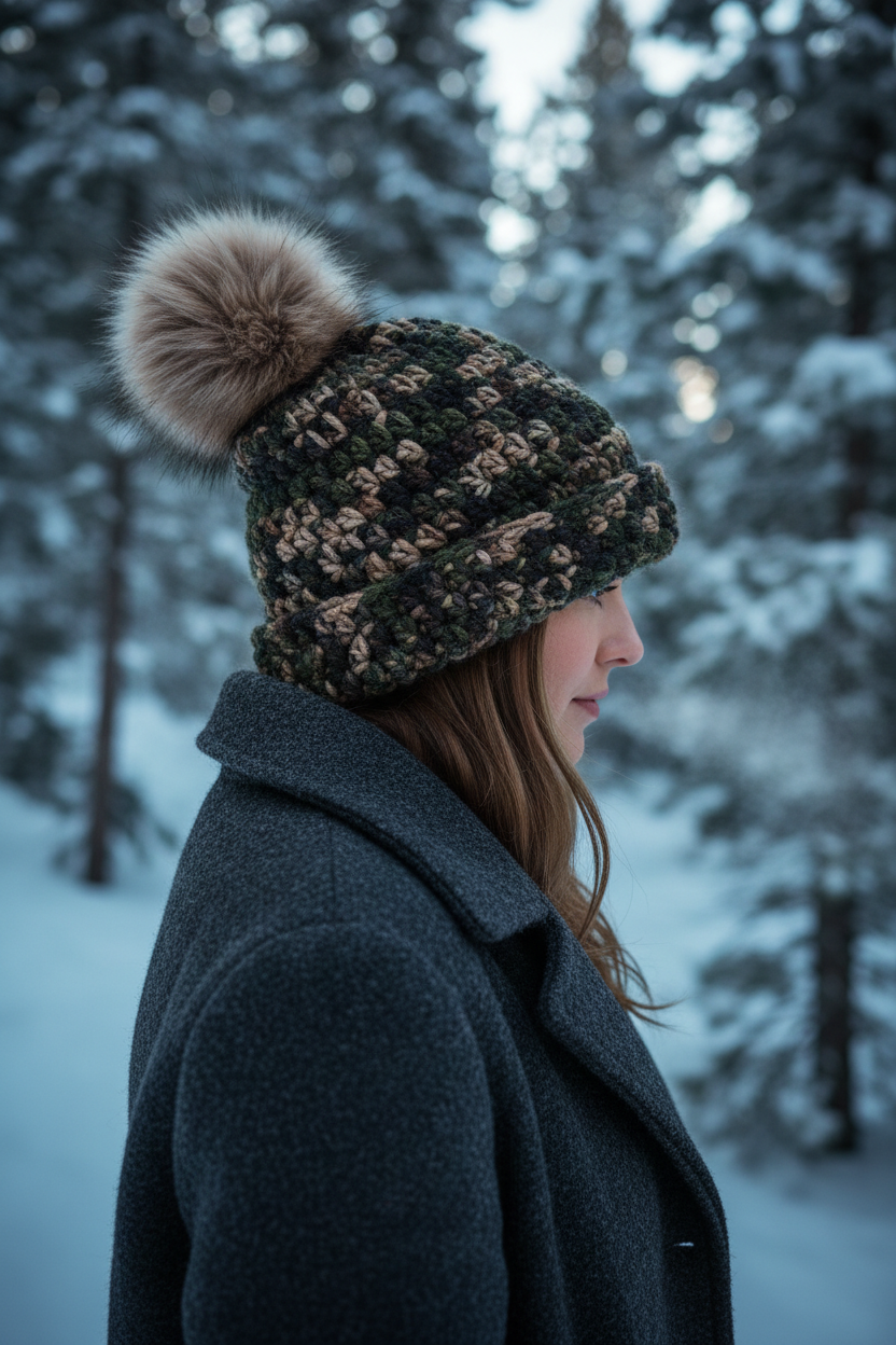 Woodland Shadow Classic Rib with Brim showing model in a snowstorm wearing the substantial camoflague beanie in cold climate profile view
